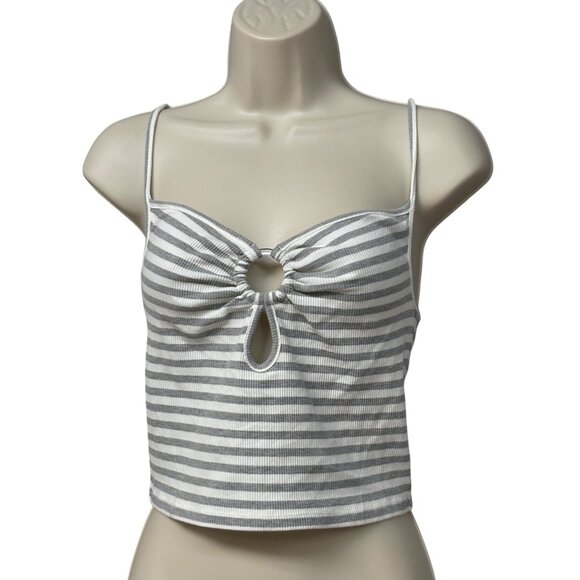 Elodie Women’s Keyhole-front, Rikbbed, Cropped tank top, Gray/ Off White, Sz. XS - Picture 2 of 11